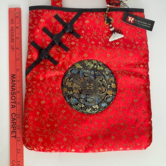 Asian Rampage Clothing Red Black Dragon Medallion Tote Bag Lucky Bat Charm NWT - Picture 10 of 11